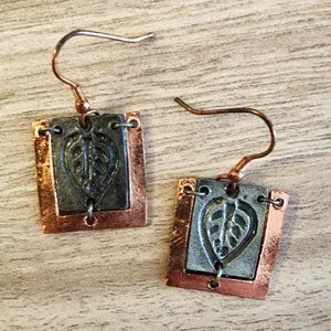 Small copper leaf print earrings dangle